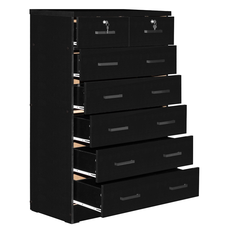 Better Home Products Cindy 7 Drawer Chest Wooden Dresser with Lock in Black
