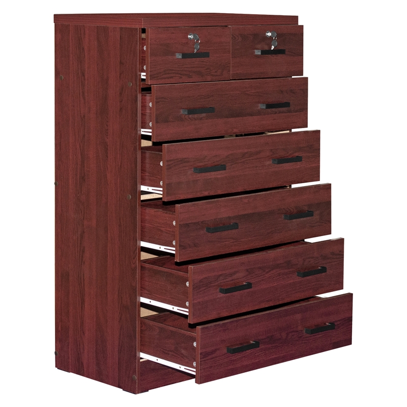 Better Home Products Cindy 7 Drawer Chest Wooden Dresser with Lock in Mahogany