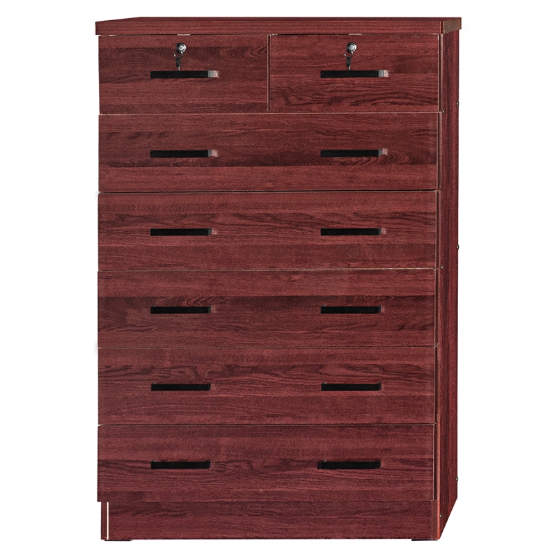 Better Home Products Cindy 7 Drawer Chest Wooden Dresser with Lock in Mahogany