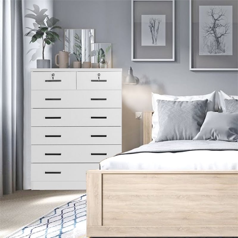 Better Home Products Cindy 7 Drawer Chest Wooden Dresser with Lock in White