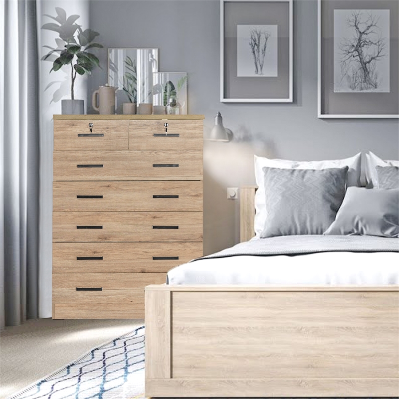 Better Home Products Cindy 7 Drawer Chest Wooden Dresser with Lock - Natural Oak