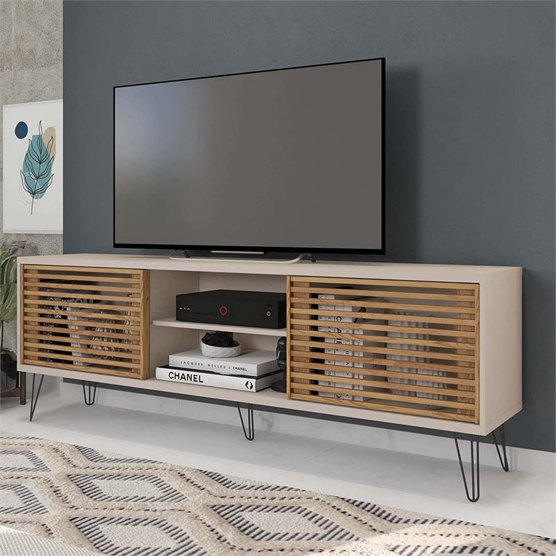 Better Home Products Frizz Mid-Century Modern TV Stand for 70 Inch TV Off White