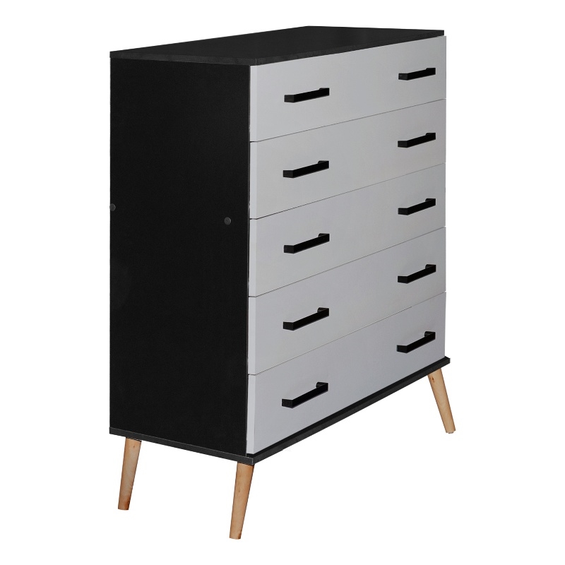 Better Home Products Eli Mid-Century Modern 5 Drawer Chest in Black & Light Gray