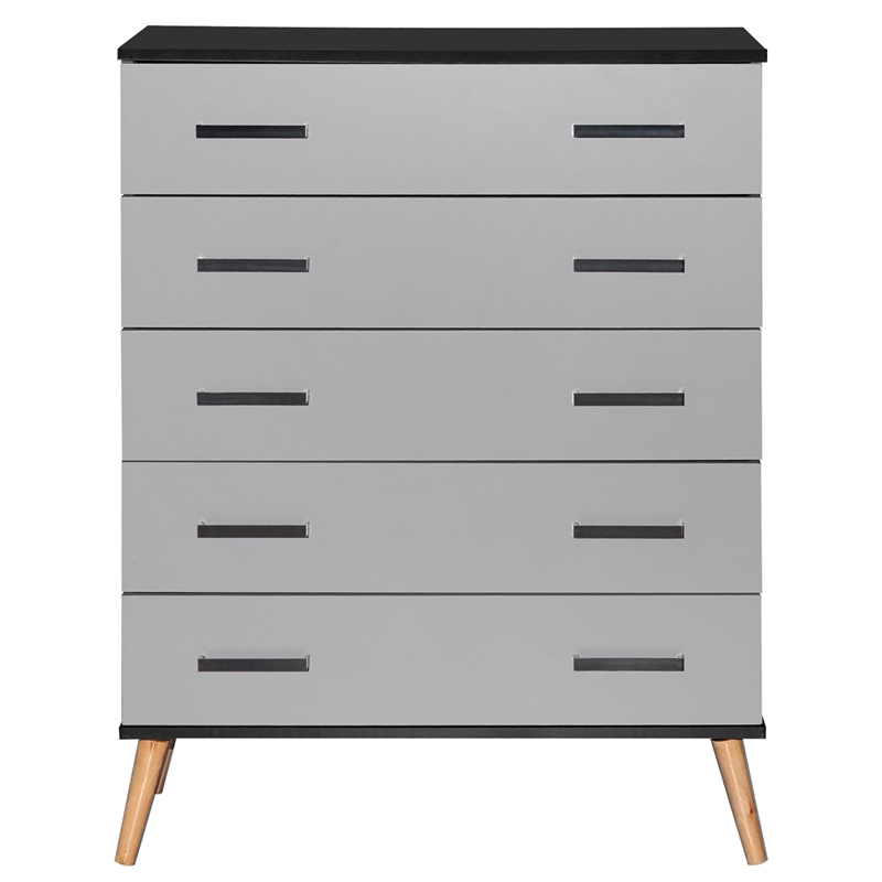 Better Home Products Eli Mid-Century Modern 5 Drawer Chest in Black & Light Gray