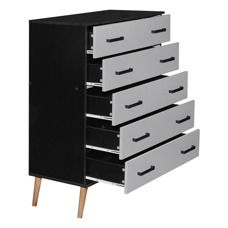 Better Home Products Eli Mid-Century Modern 5 Drawer Chest in Black & Light Gray