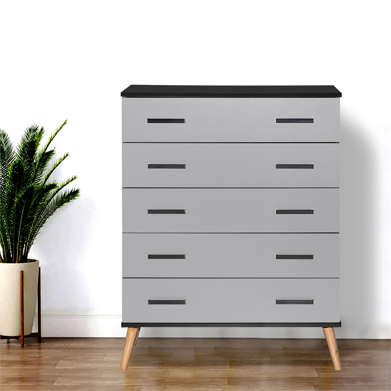 Better Home Products Eli Mid-Century Modern 5 Drawer Chest in Black & Light Gray