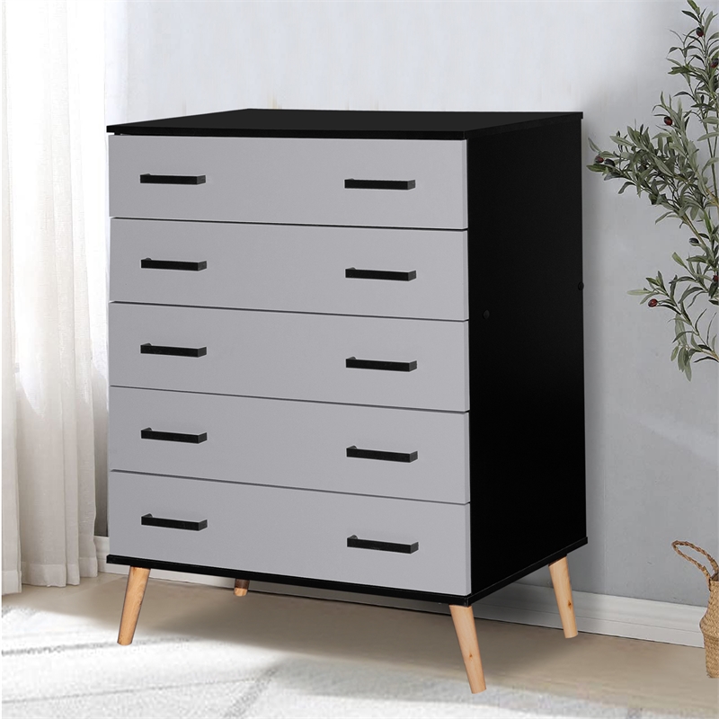 Better Home Products Eli Mid-Century Modern 5 Drawer Chest in Black & Light Gray