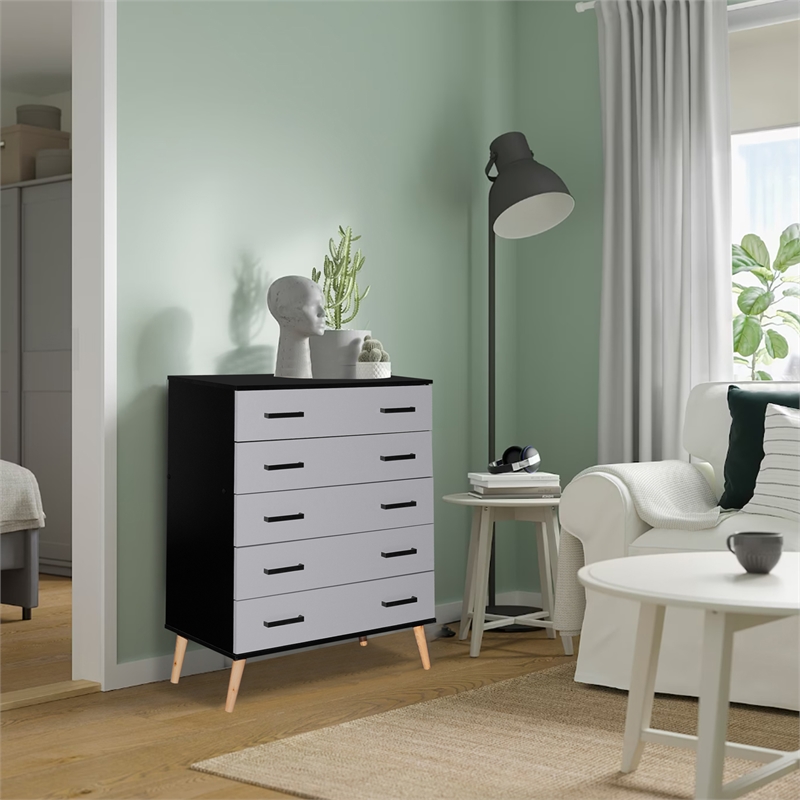 Better Home Products Eli Mid-Century Modern 5 Drawer Chest in Black & Light Gray