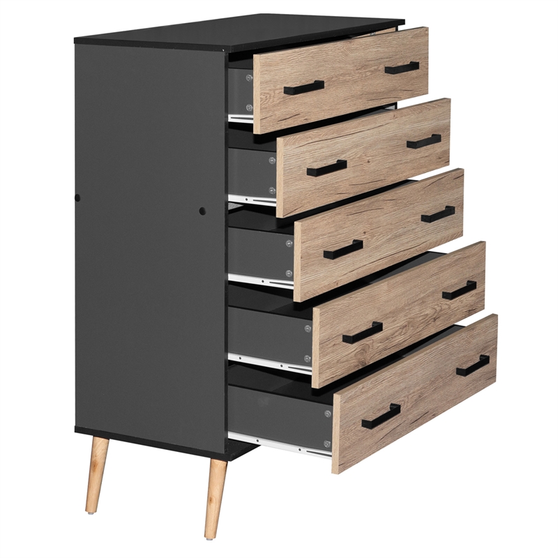 Better Home Products Eli Mid-Century Modern 5 Drawer Chest Dark Gray & Oak