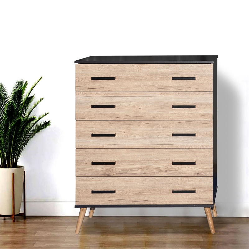 Better Home Products Eli Mid-Century Modern 5 Drawer Chest Dark Gray & Oak