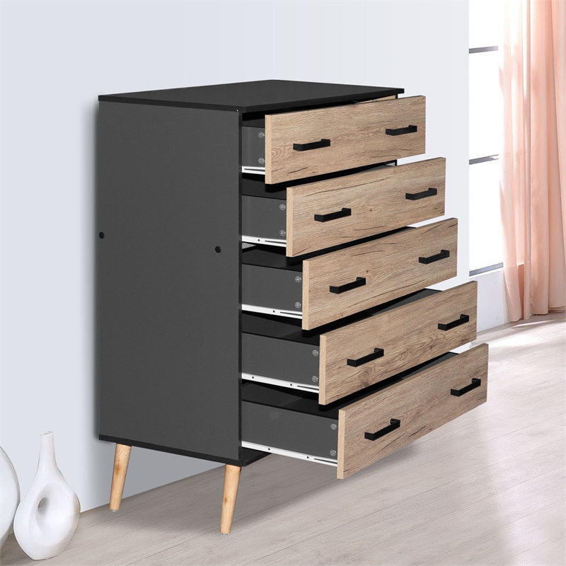 Better Home Products Eli Mid-Century Modern 5 Drawer Chest Dark Gray & Oak