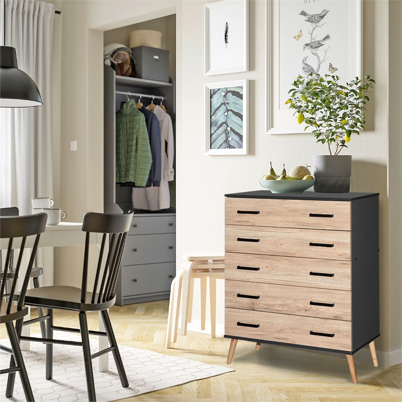 Better Home Products Eli Mid-Century Modern 5 Drawer Chest Dark Gray & Oak