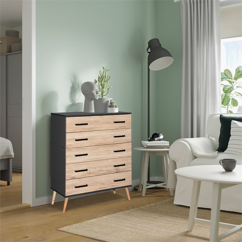 Better Home Products Eli Mid-Century Modern 5 Drawer Chest Dark Gray & Oak