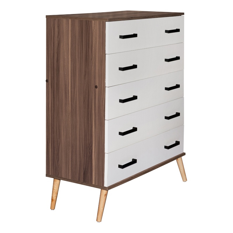 Better Home Products Eli Mid-Century Modern 5 Drawer Chest in Walnut & White
