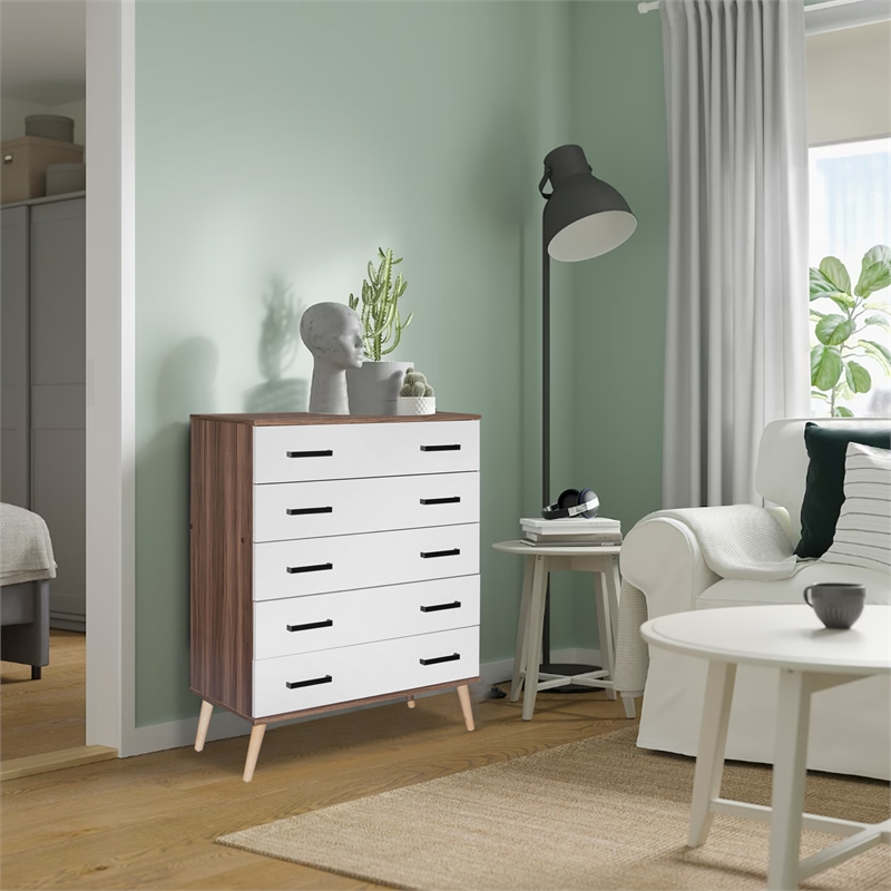 Better Home Products Eli Mid-Century Modern 5 Drawer Chest in Walnut & White