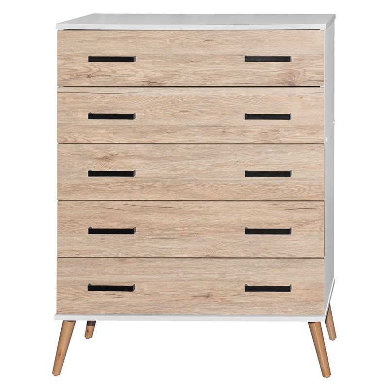 Better Home Products Eli Mid-Century Modern 5 Drawer Chest in White & Oak