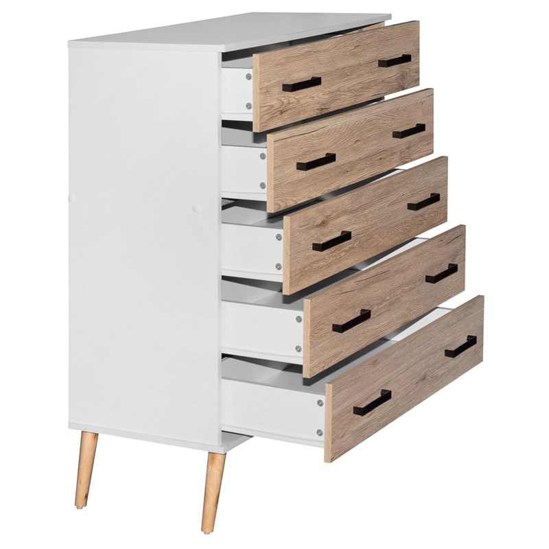 Better Home Products Eli Mid-Century Modern 5 Drawer Chest in White & Oak