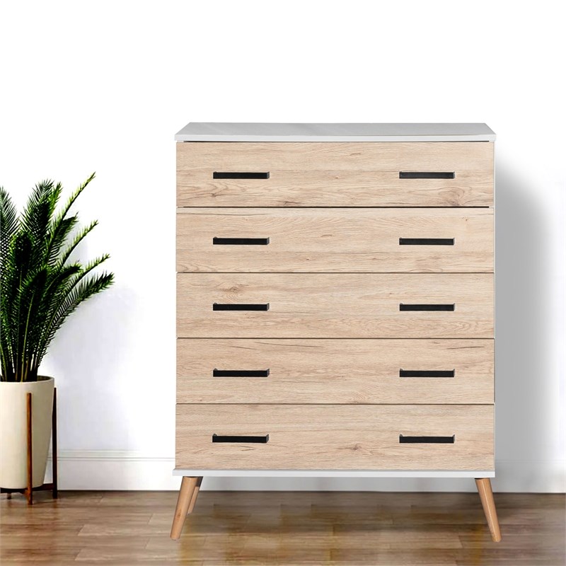 Better Home Products Eli Mid-Century Modern 5 Drawer Chest in White & Oak