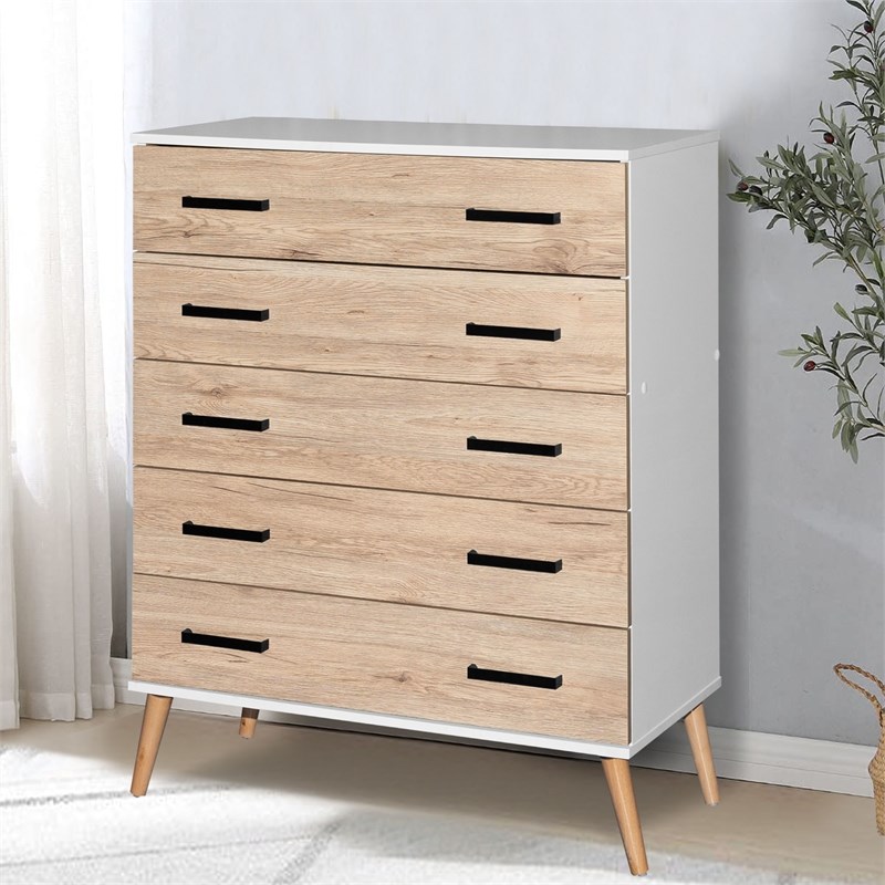 Better Home Products Eli Mid-Century Modern 5 Drawer Chest in White & Oak