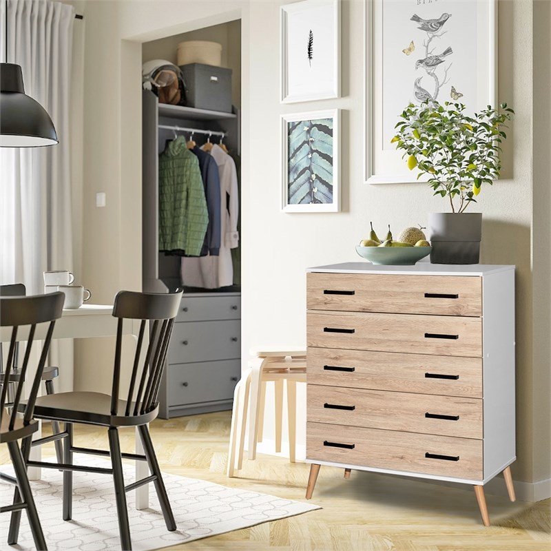 Better Home Products Eli Mid-Century Modern 5 Drawer Chest in White & Oak