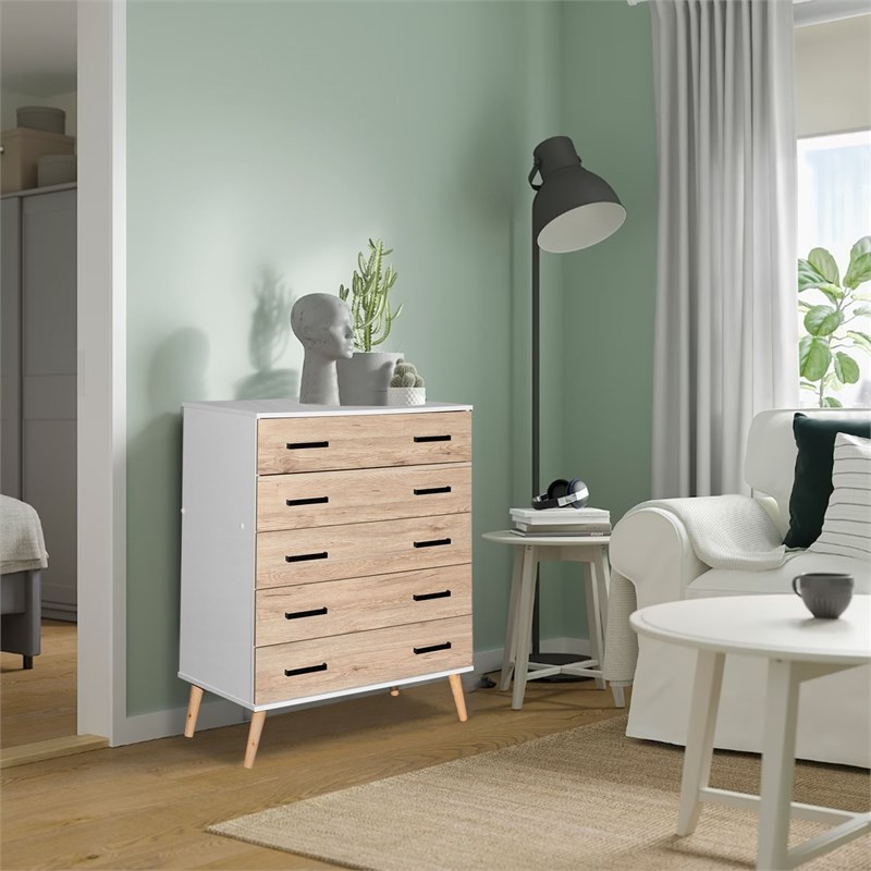 Better Home Products Eli Mid-Century Modern 5 Drawer Chest in White & Oak
