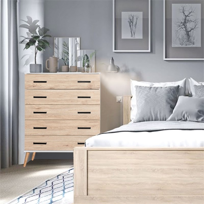Better Home Products Eli Mid-Century Modern 5 Drawer Chest in White & Oak