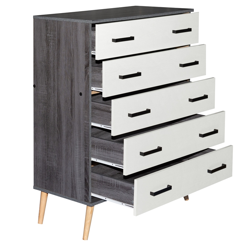 Better Home Products Eli Mid-Century Modern 5 Drawer Chest Charcoal & Silver Oak