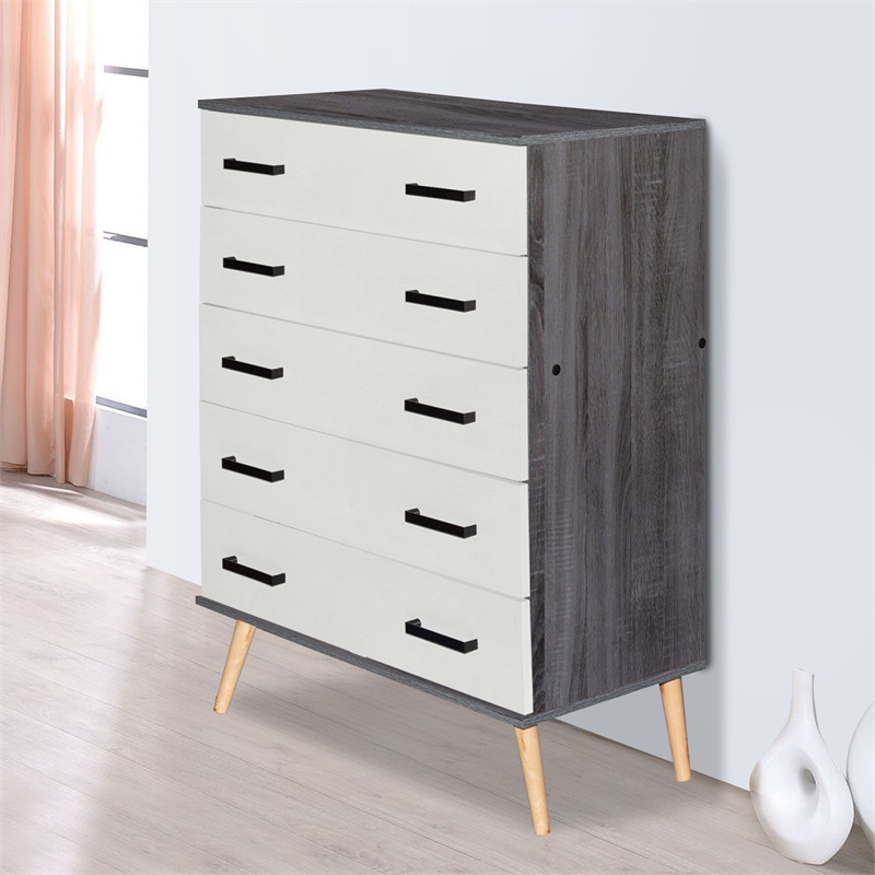 Better Home Products Eli Mid-Century Modern 5 Drawer Chest Charcoal & Silver Oak