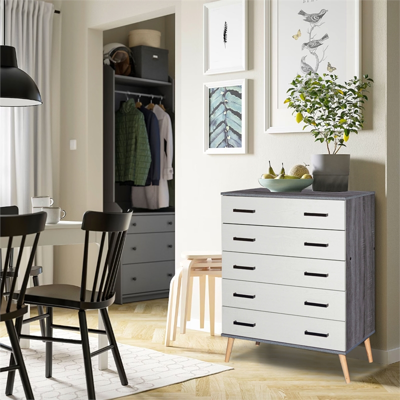 Better Home Products Eli Mid-Century Modern 5 Drawer Chest Charcoal & Silver Oak