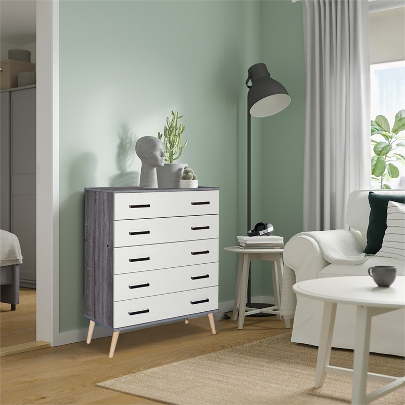 Better Home Products Eli Mid-Century Modern 5 Drawer Chest Charcoal & Silver Oak
