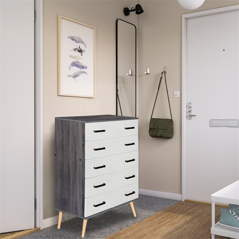 Better Home Products Eli Mid-Century Modern 5 Drawer Chest Charcoal & Silver Oak