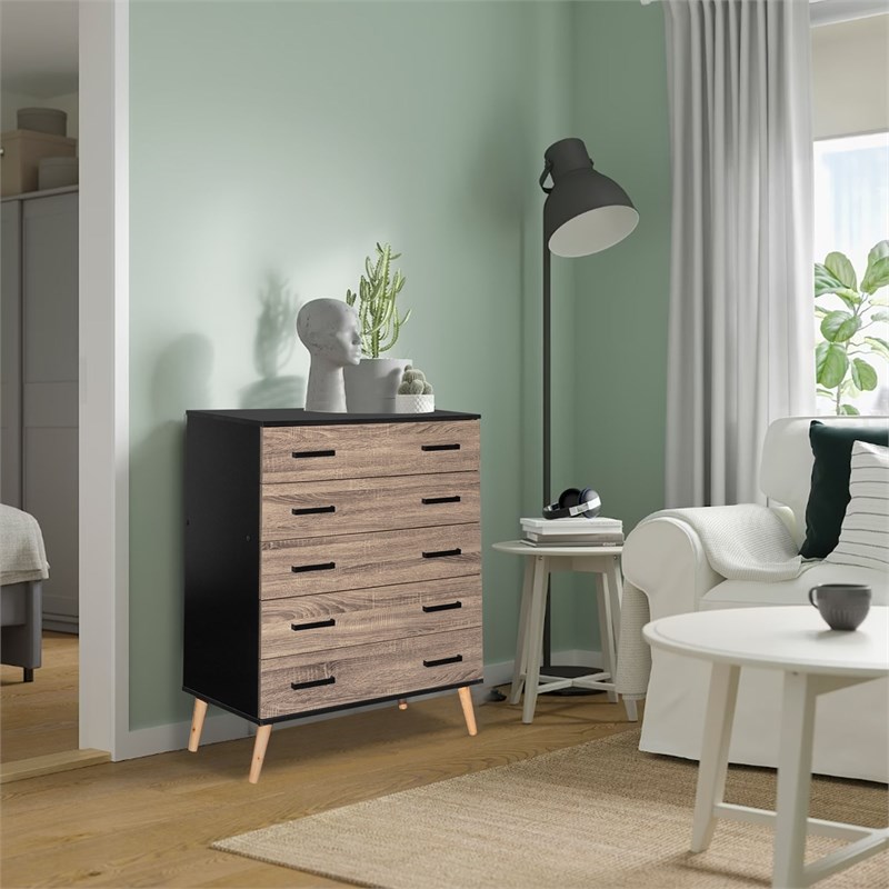 Better Home Products Eli Mid-Century Modern 5 Drawer Chest in Black & Sonoma Oak