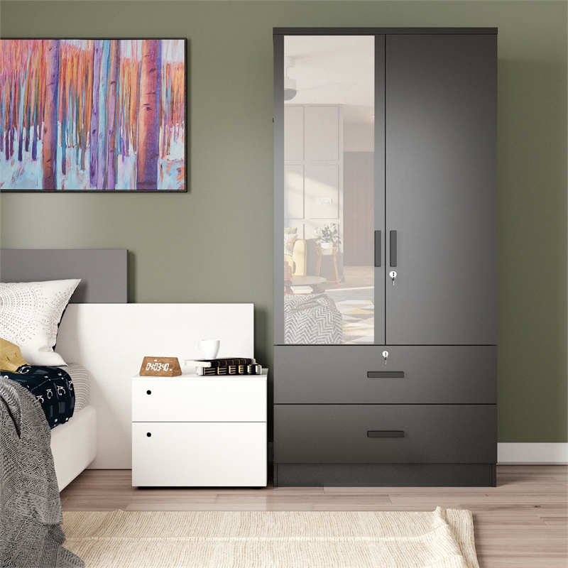 Better Home Products Grace Armoire Wardrobe with Mirror & Drawers in Black