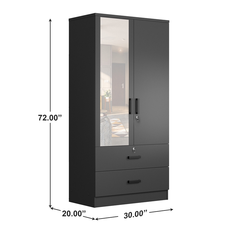 Better Home Products Grace Armoire Wardrobe with Mirror & Drawers in Black
