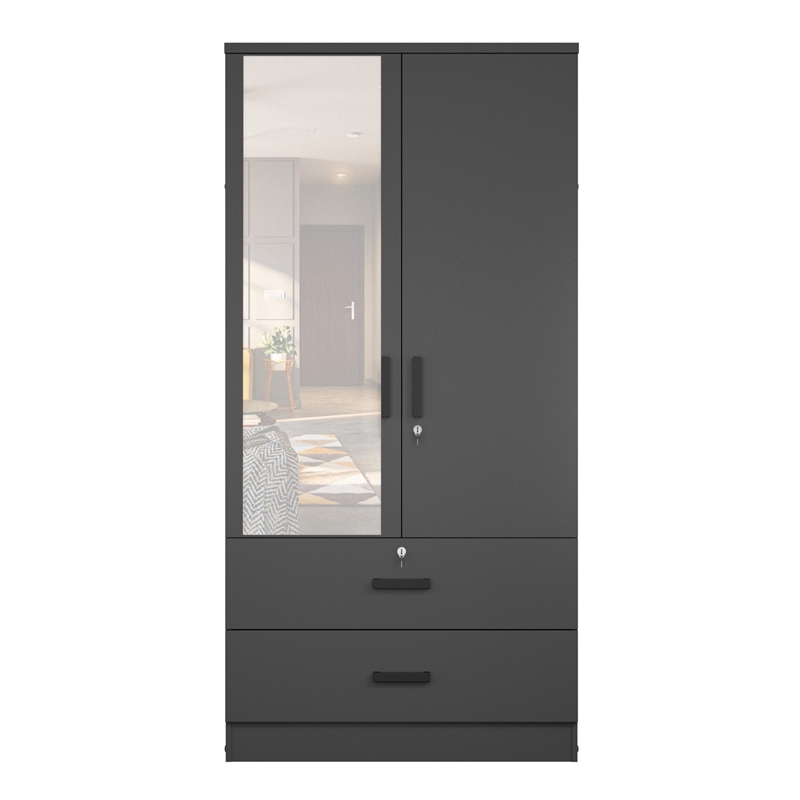 Better Home Products Grace Armoire Wardrobe with Mirror & Drawers in Black