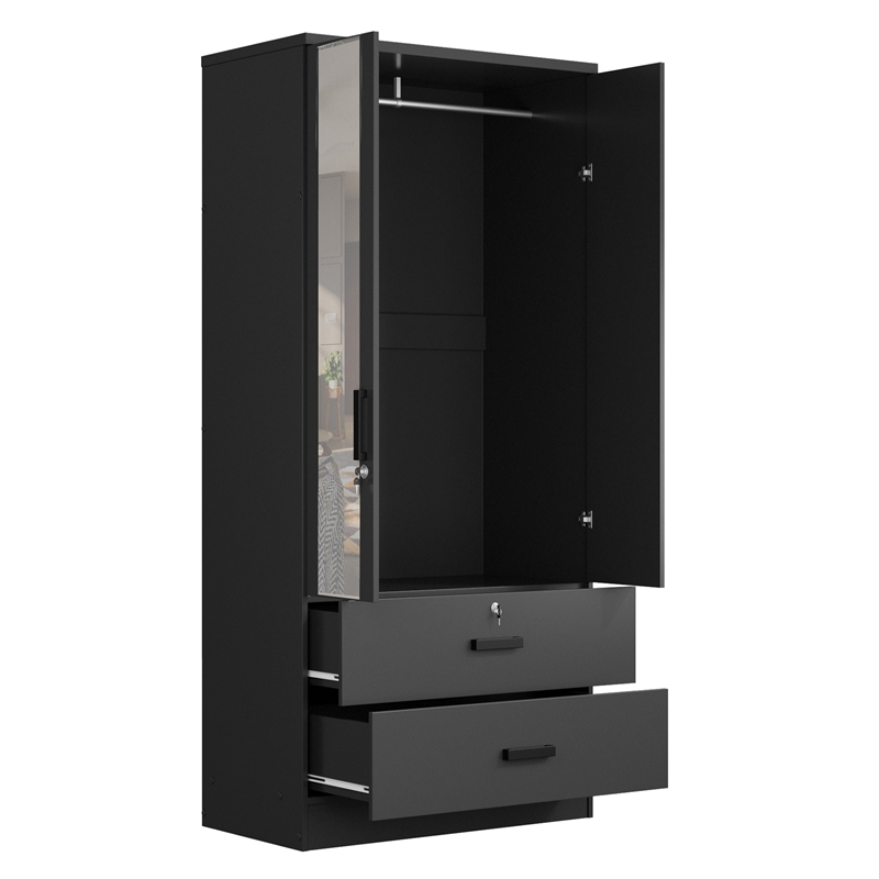 Better Home Products Grace Armoire Wardrobe with Mirror & Drawers in Black