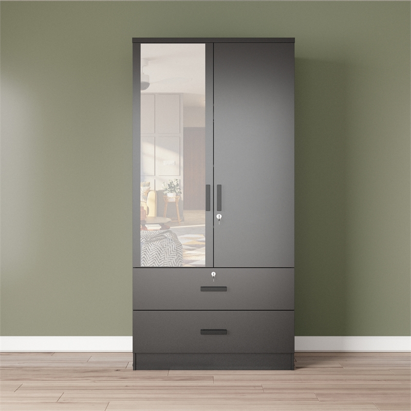 Better Home Products Grace Armoire Wardrobe with Mirror & Drawers in Black