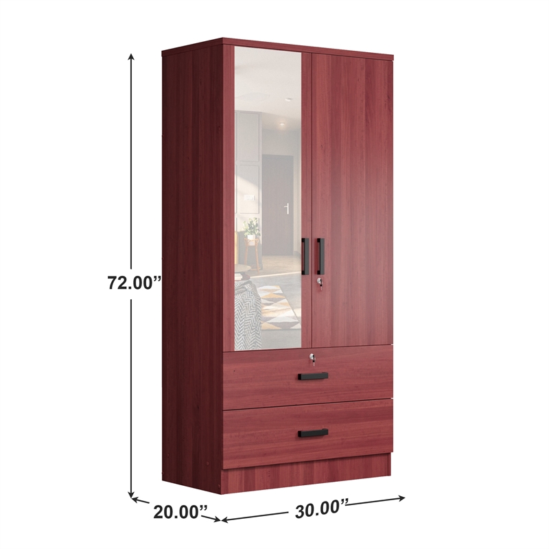 Better Home Products Grace Armoire Wardrobe with Mirror & Drawers in Mahogany