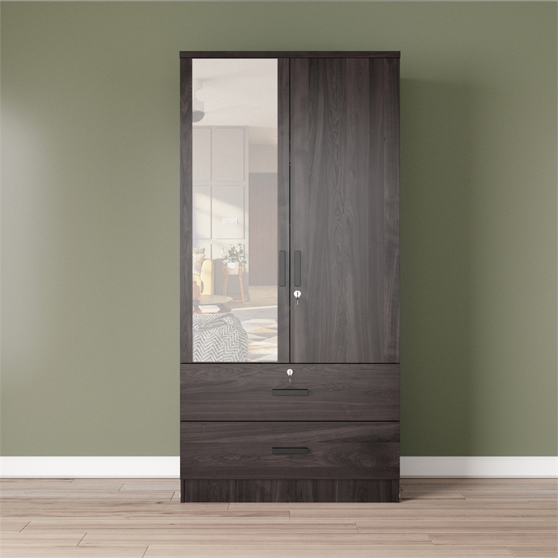Better Home Products Grace Armoire Wardrobe with Mirror & Drawers in Tobacco