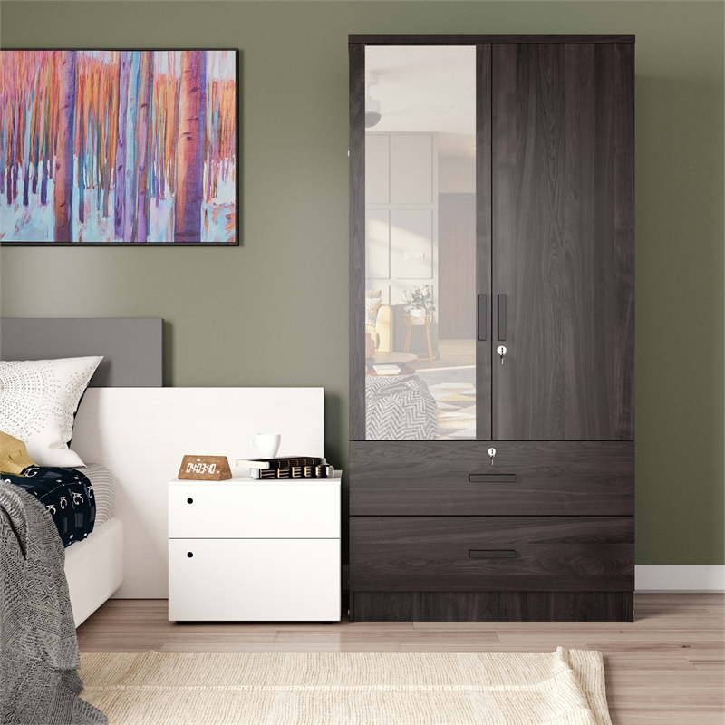 Better Home Products Grace Armoire Wardrobe with Mirror & Drawers in Tobacco