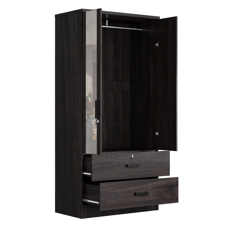 Better Home Products Grace Armoire Wardrobe with Mirror & Drawers in Tobacco