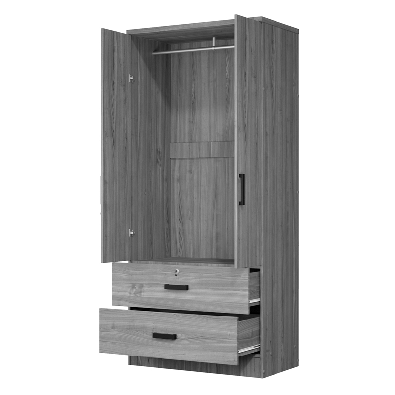 Better Home Products Grace Armoire Wardrobe with Mirror & Drawers in Gray