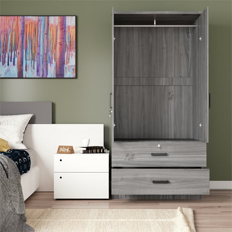Better Home Products Grace Armoire Wardrobe with Mirror & Drawers in Gray