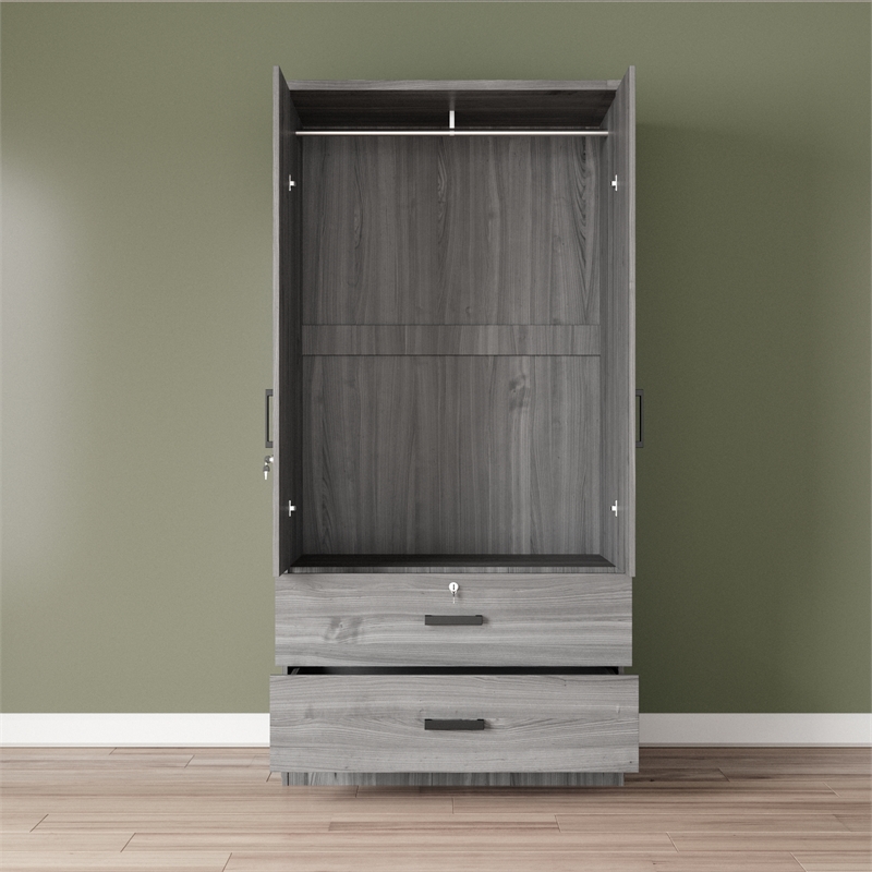 Better Home Products Grace Armoire Wardrobe with Mirror & Drawers in Gray