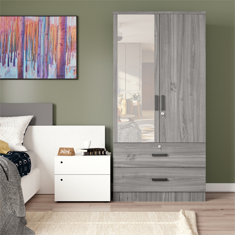 Better Home Products Grace Armoire Wardrobe with Mirror & Drawers in Gray