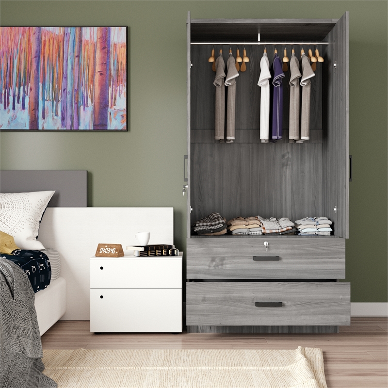 Better Home Products Grace Armoire Wardrobe with Mirror & Drawers in Gray