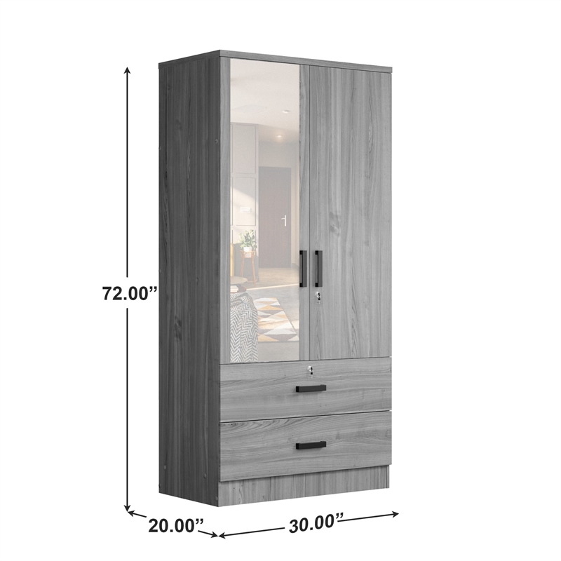 Better Home Products Grace Armoire Wardrobe with Mirror & Drawers in Gray