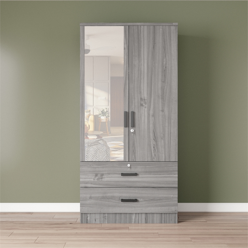 Better Home Products Grace Armoire Wardrobe with Mirror & Drawers in Gray