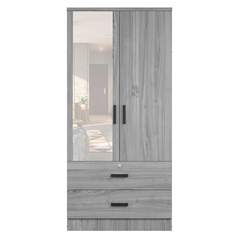 Better Home Products Grace Armoire Wardrobe with Mirror & Drawers in Gray