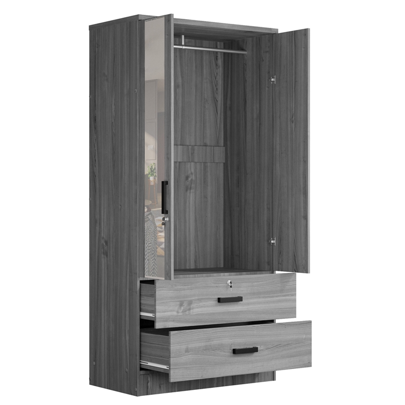 Better Home Products Grace Armoire Wardrobe with Mirror & Drawers in Gray